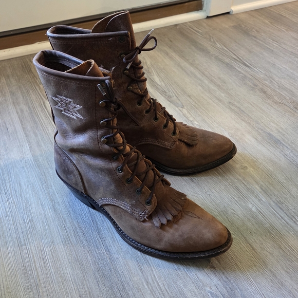 Cool Brown Leather Stylish Women's Boots Size 9 1/2 Distressed Cowboy Fringe - Picture 3 of 12